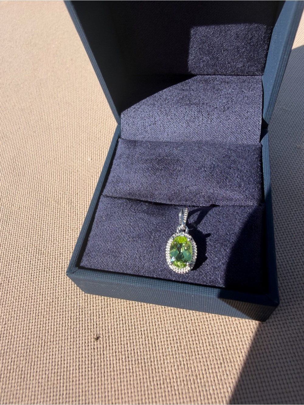 Silver Pendant Necklace with Green Peridot Oval Gemstone and Halo